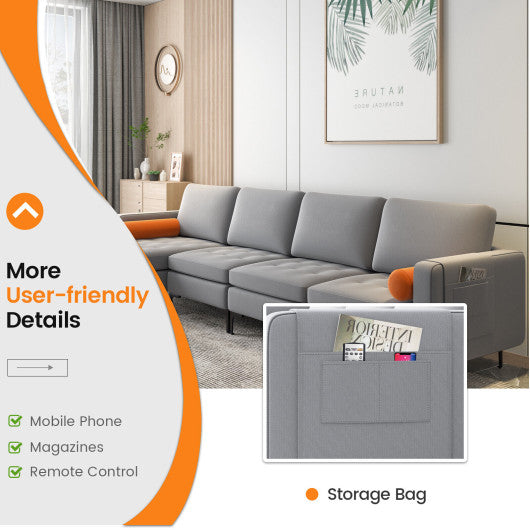 Modular L-shaped 4-Seat Sectional Sofa with Reversible Chaise and 2 USB Socket-Gray