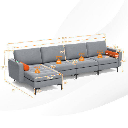 Modular L-shaped 4-Seat Sectional Sofa with Reversible Chaise and 2 USB Socket-Gray