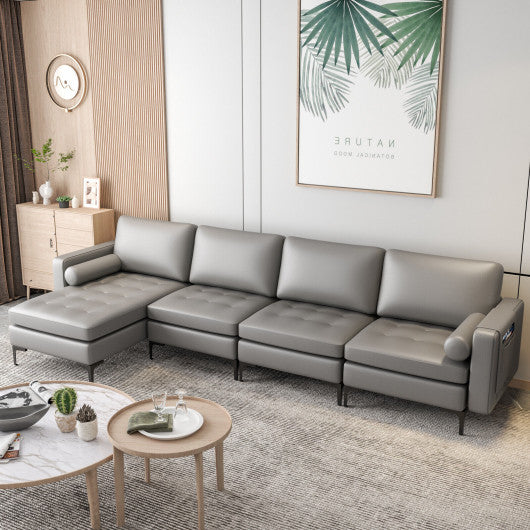 Modular L-shaped 4-Seat Sectional Sofa with Reversible Chaise and 2 USB Socket-Light Gray