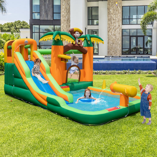 Monkey-Themed Inflatable Water Slide with Jumping Area and Pool with 680W Blower