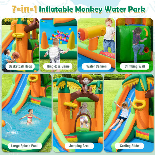 Monkey-Themed Inflatable Water Slide with Jumping Area and Pool with 680W Blower