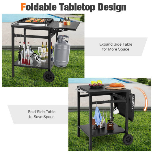 Movable Outdoor Grill Cart with Folding Tabletop and Hooks-Black