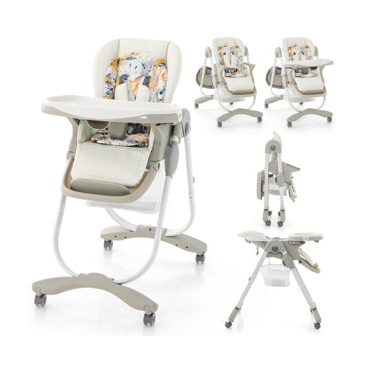 Multifunctional Folding Baby High Chair with Rolling Wheels and Adjustable Height-White