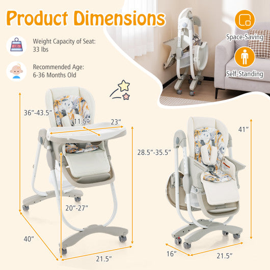 Multifunctional Folding Baby High Chair with Rolling Wheels and Adjustable Height-White