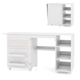 Multifunctional Folding Sewing Machine Craft Station with Storage Shelves-White