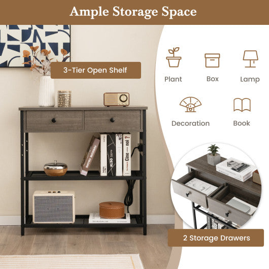 Narrow Console Table with 2 Drawers and 2 Metal Mesh Shelves-Gray