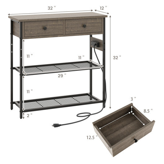 Narrow Console Table with 2 Drawers and 2 Metal Mesh Shelves-Gray