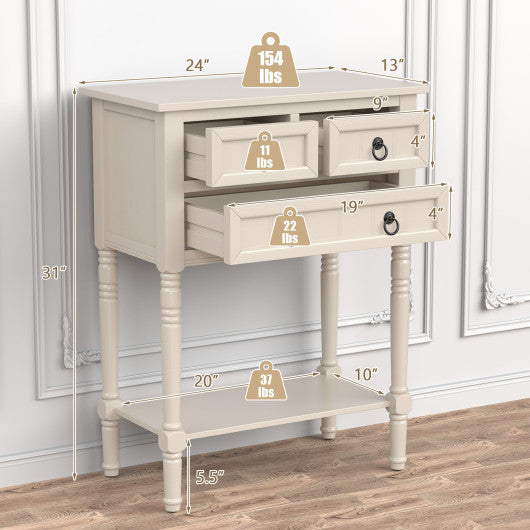 Narrow Console Table with 3 Storage Drawers and Open Bottom Shelf-Beige