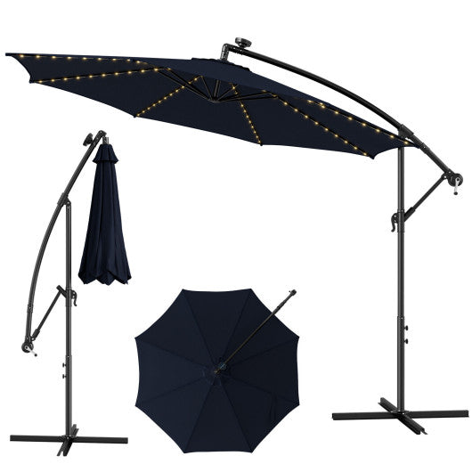 10 Feet Patio Offset Umbrella with 112 Solar-Powered LED Lights-Beige-Navy