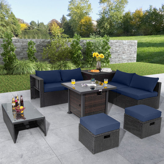 9 Pieces Patio Furniture Set with 32” Fire Pit Table and 50000 BTU Square Propane Fire Pit-Navy