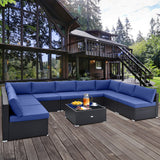 10 Piece Outdoor Wicker Conversation Set with Seat and Back Cushions-Navy