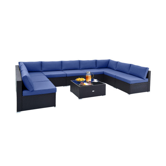 10 Piece Outdoor Wicker Conversation Set with Seat and Back Cushions-Navy