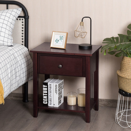 Nightstand with Drawer and Storage Shelf for Bedroom Living Room-Brown