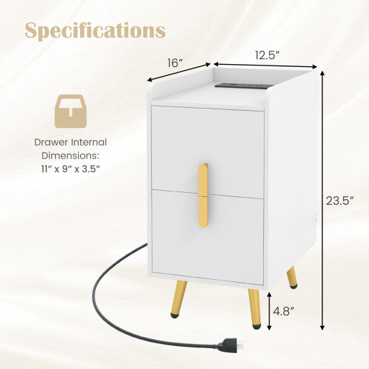 Nightstand Side Tables with 2 Drawers and 2 USB Ports-White