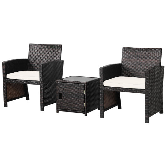 3 Pieces Patio Wicker Furniture Set with Storage Table and Protective Cover-Off White