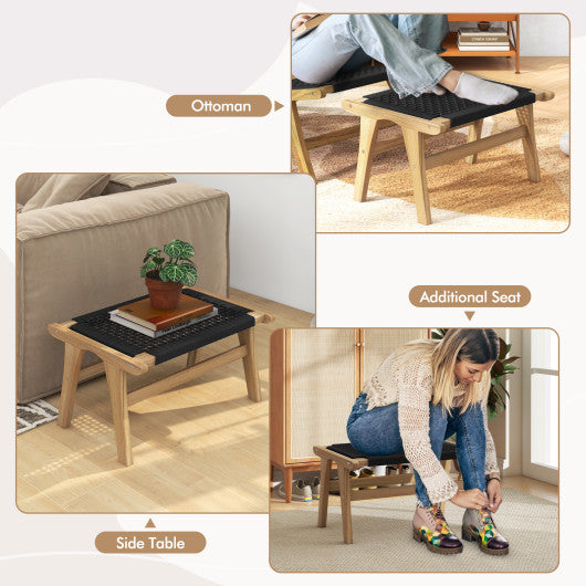 Indoor Outdoor Ottoman Footstool Teak Wooden Foot Rest with Handwoven Cordage