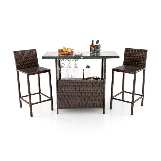 3 Pieces Outdoor Wicker Bar Set with 3 Rows Stemware Racks