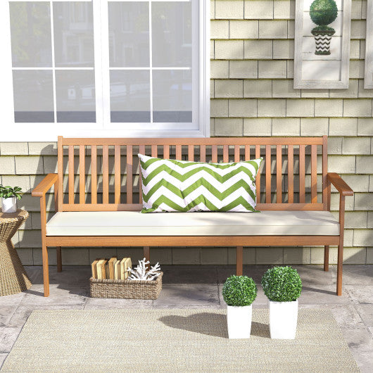 Outdoor 3-Seat Wood Bench with Seat Cushion and Slatted Seat-White