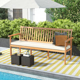 Outdoor 3-Seat Wood Bench with Seat Cushion and Slatted Seat-White