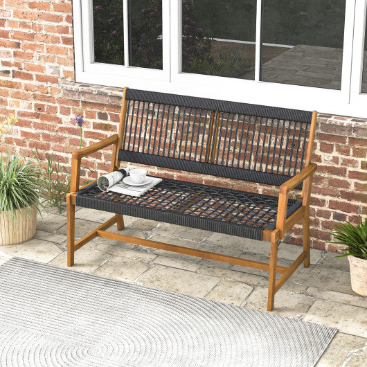 Outdoor Acacia Wood Bench with Rope Woven Backrest and Armrests for 2-Person