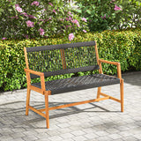 Outdoor Acacia Wood Bench with Rope Woven Backrest and Armrests for 2-Person