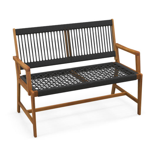 Outdoor Acacia Wood Bench with Rope Woven Backrest and Armrests for 2-Person