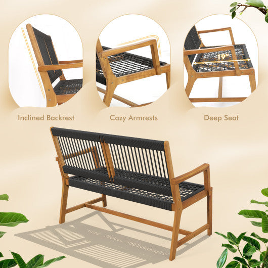 Outdoor Acacia Wood Bench with Rope Woven Backrest and Armrests for 2-Person