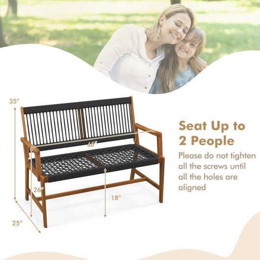 Outdoor Acacia Wood Bench with Rope Woven Backrest and Armrests for 2-Person