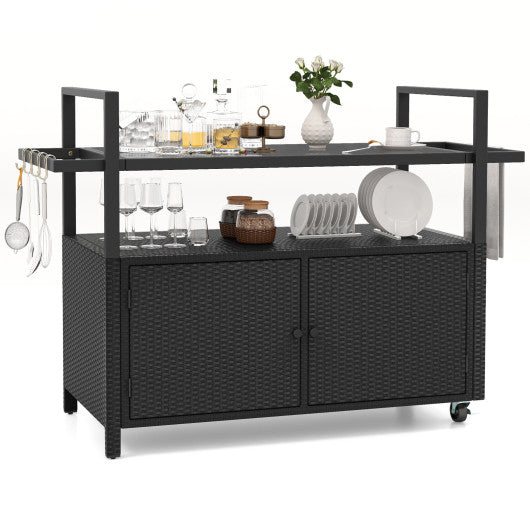 Outdoor Bar Cart Wicker Buffet Serving Cart with Cabinet and 8 Hooks-Black