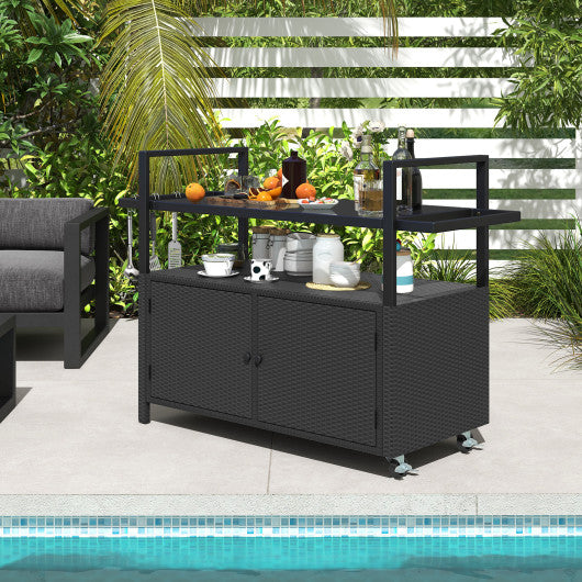 Outdoor Bar Cart Wicker Buffet Serving Cart with Cabinet and 8 Hooks-Black