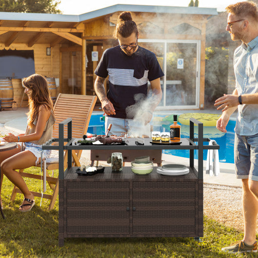 Outdoor Bar Cart Wicker Buffet Serving Cart with Cabinet and 8 Hooks-Brown