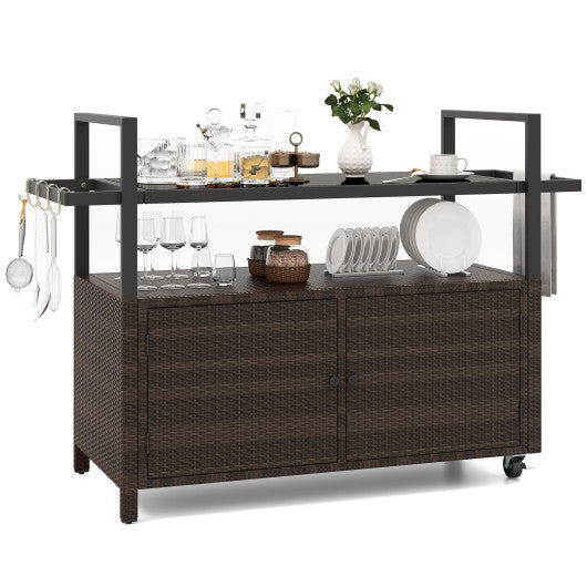 Outdoor Bar Cart Wicker Buffet Serving Cart with Cabinet and 8 Hooks-Brown