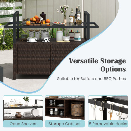 Outdoor Bar Cart Wicker Buffet Serving Cart with Cabinet and 8 Hooks-Brown