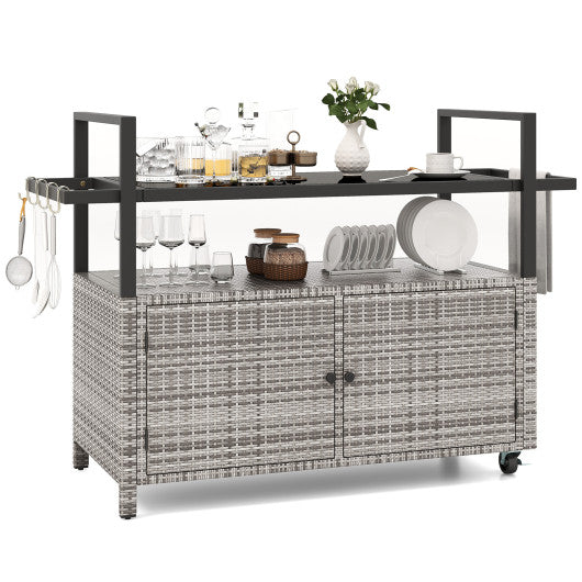 Outdoor Bar Cart Wicker Buffet Serving Cart with Cabinet and 8 Hooks-Gray