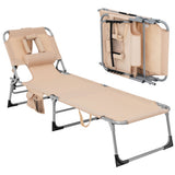 Folding Beach Lounge Chair with Pillow for Outdoor-Beige