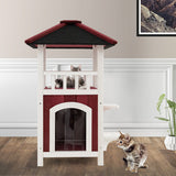 2-Story Wooden Cat House with Asphalt Roof Balcony and Rain Curtain-Red & White