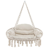 Hand-Woven Rope Hanging Chair with Thick Cushion and Folding Metal Frame-Beige