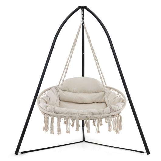 Hand-Woven Rope Hanging Chair with Thick Cushion and Folding Metal Frame-Beige