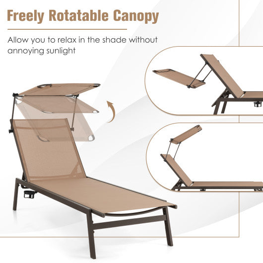 Outdoor Chaise Lounge Chair with Sunshade and 6 Adjustable Position-Brown