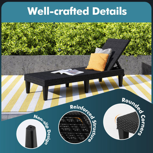 Outdoor Chaise Lounger Chair with Waterproof Rattan Textured PP Surface and 330 lbs Capacity-Black