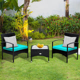 3 Pieces Patio Wicker Rattan Furniture Set with Cushion for Lawn Backyard-Turquoise