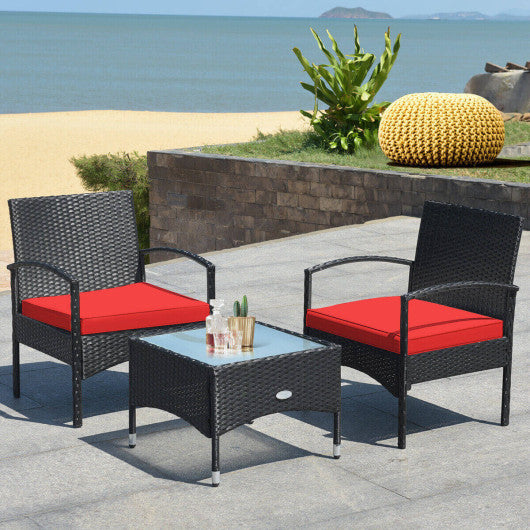 3 Pieces Patio Wicker Rattan Furniture Set with Cushion for Lawn Backyard-Red