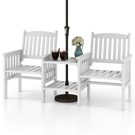 Outdoor Fir Wood Loveseat with 2-Tier Side Table and 1.96" Umbrella Hole-White