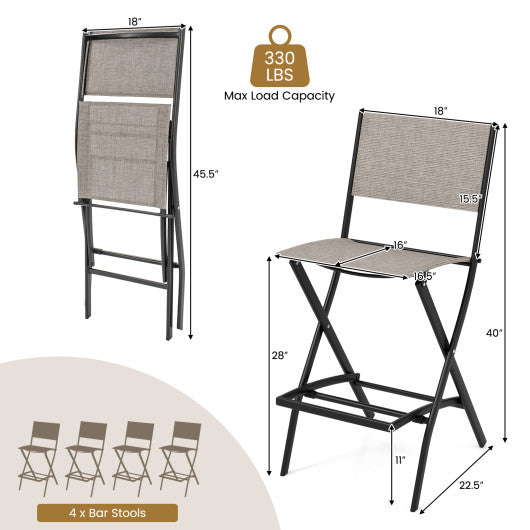 Outdoor Folding Bar Height Stool Set of 4 with Metal Frame and Footrest-Coffee