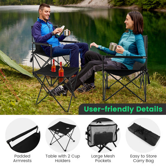 Outdoor Folding Camping Chairs and Table Set with Carrying Bag-Black