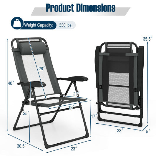 Outdoor Folding Chairs Set of 2 with Armrests and 7-Level Backrest-Gray