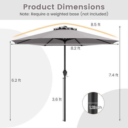 Outdoor Heavy Duty Market Umbrella with Crank Handle and 8 Sturdy Ribs-Gray