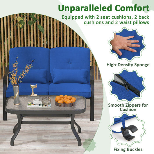 Outdoor Loveseat Chair Set with Coffee Table and Seat Back Cushions-Navy