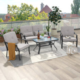 4 Pieces Outdoor Conversation Set with Seat Back Cushions and Waist Pillows-Gray