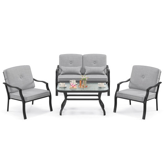 4 Pieces Outdoor Conversation Set with Seat Back Cushions and Waist Pillows-Gray